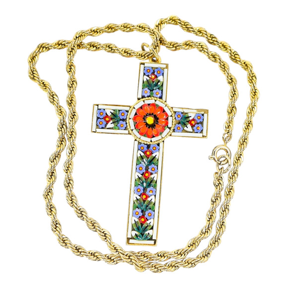 Vintage Italian Micro Mosaic Cross Pendant Necklace, Gold Tone Rope Chain - Picture 1 of 5